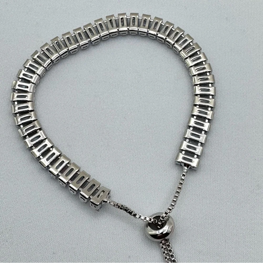 Diamond Look Swarovski Crystal Silver Baguette Bolo Tennis Bracelet New Sparkle